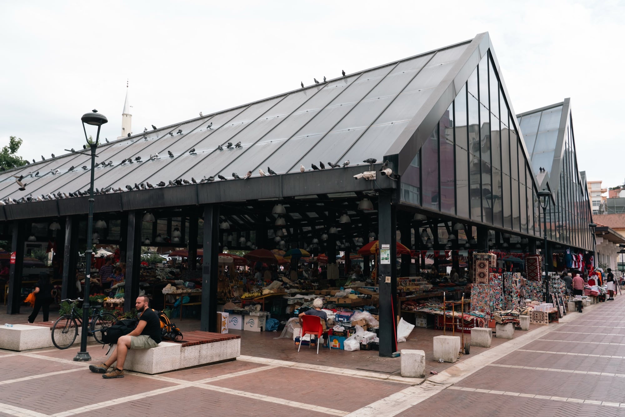Pigeons lined along the glass roof of the New Bazaar market hall, stalls and carpets spread beneath the steel canopy