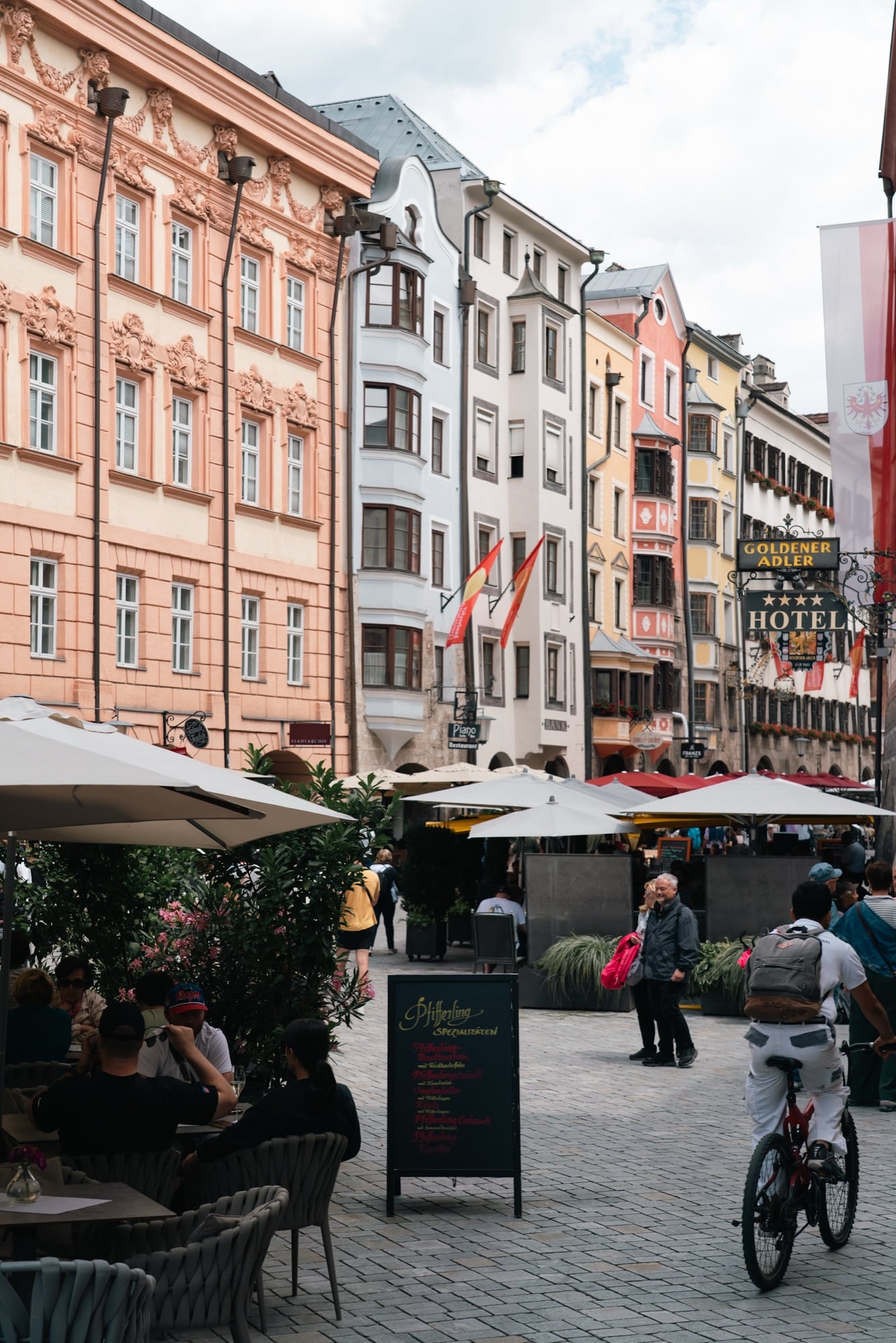 The colourful facades and cafes of Herzog-Friedrich-Strasse in the old town, Innsbruck
