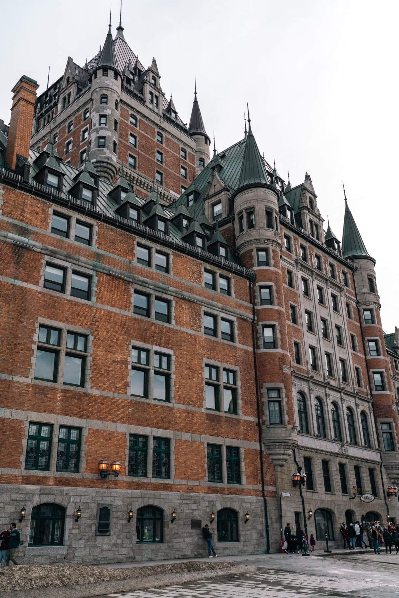The turreted façade of the Château Frontenac towering overhead