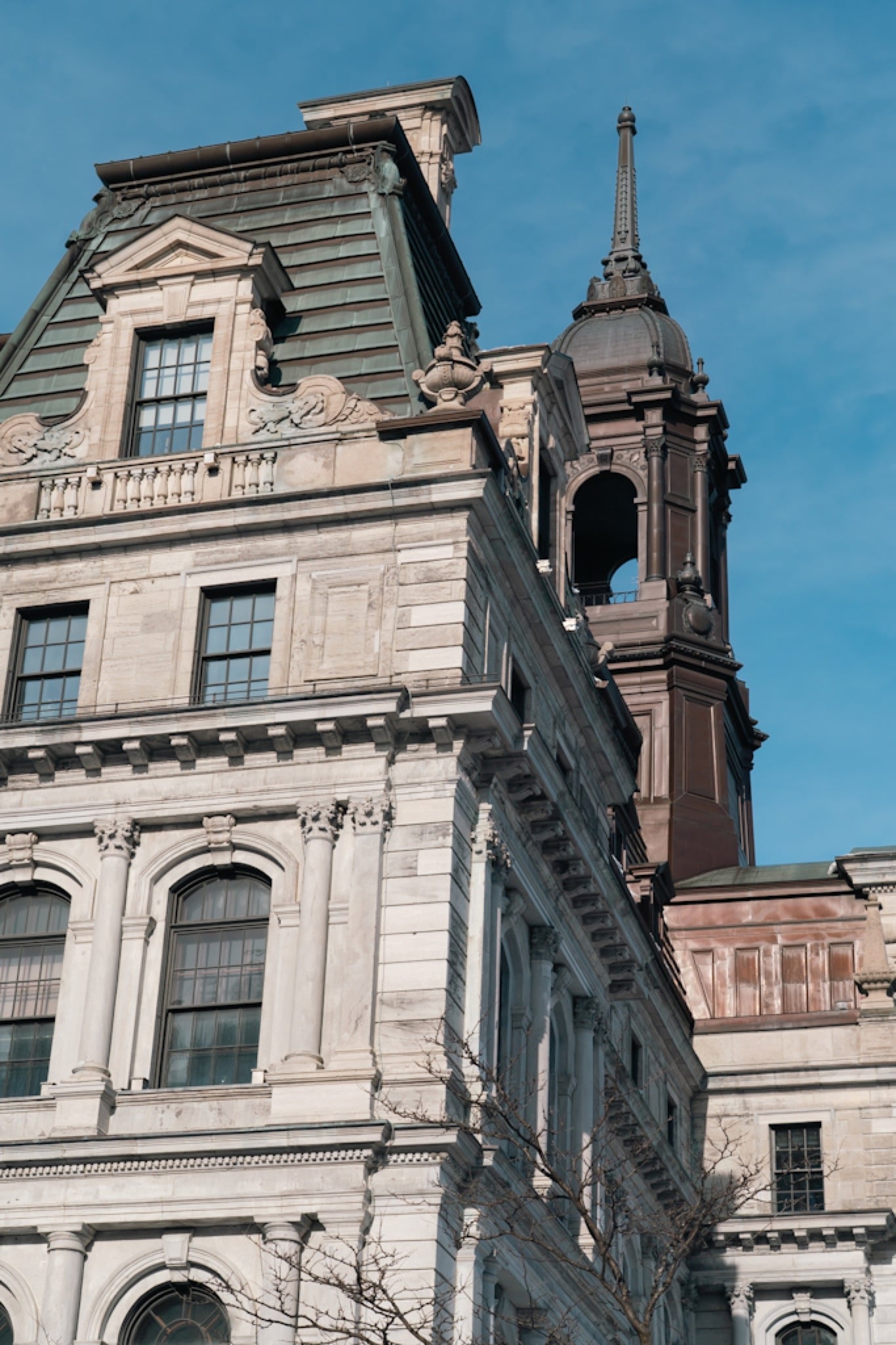 The clock tower and façade of Montreal City Hall