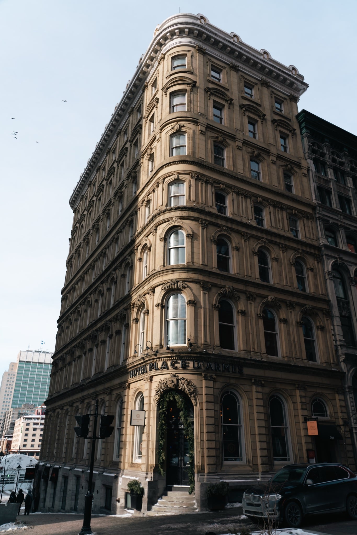 A flatiron building tapering to a narrow point