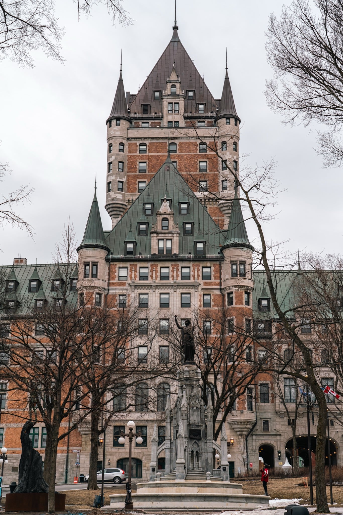 The Château Frontenac beyond the bare trees of Place d'Armes