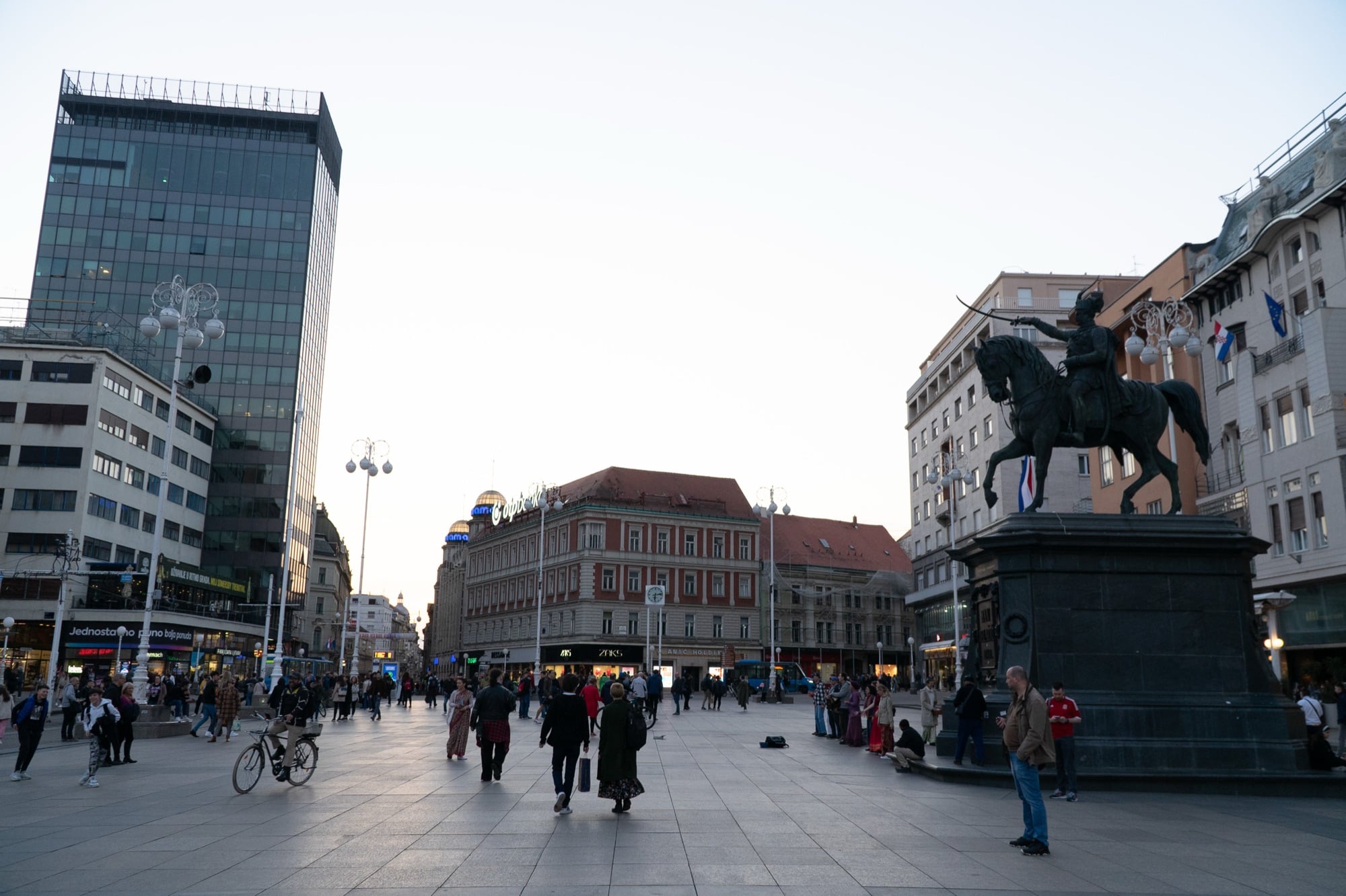 Ban Jelacic Square with its equestrian statue and city crowds, Zagreb