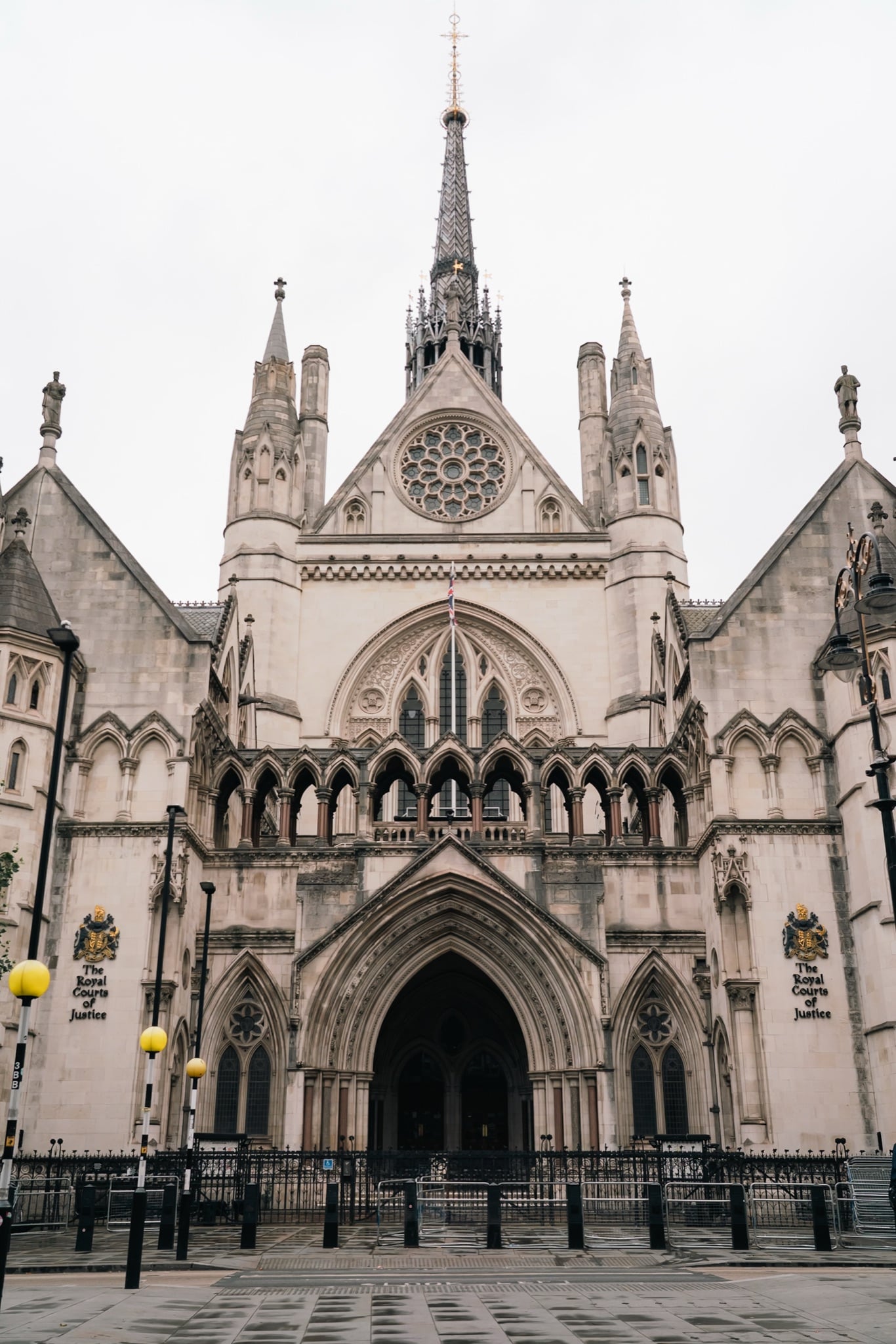 The Gothic front of the Royal Courts of Justice with its rose window and central spire