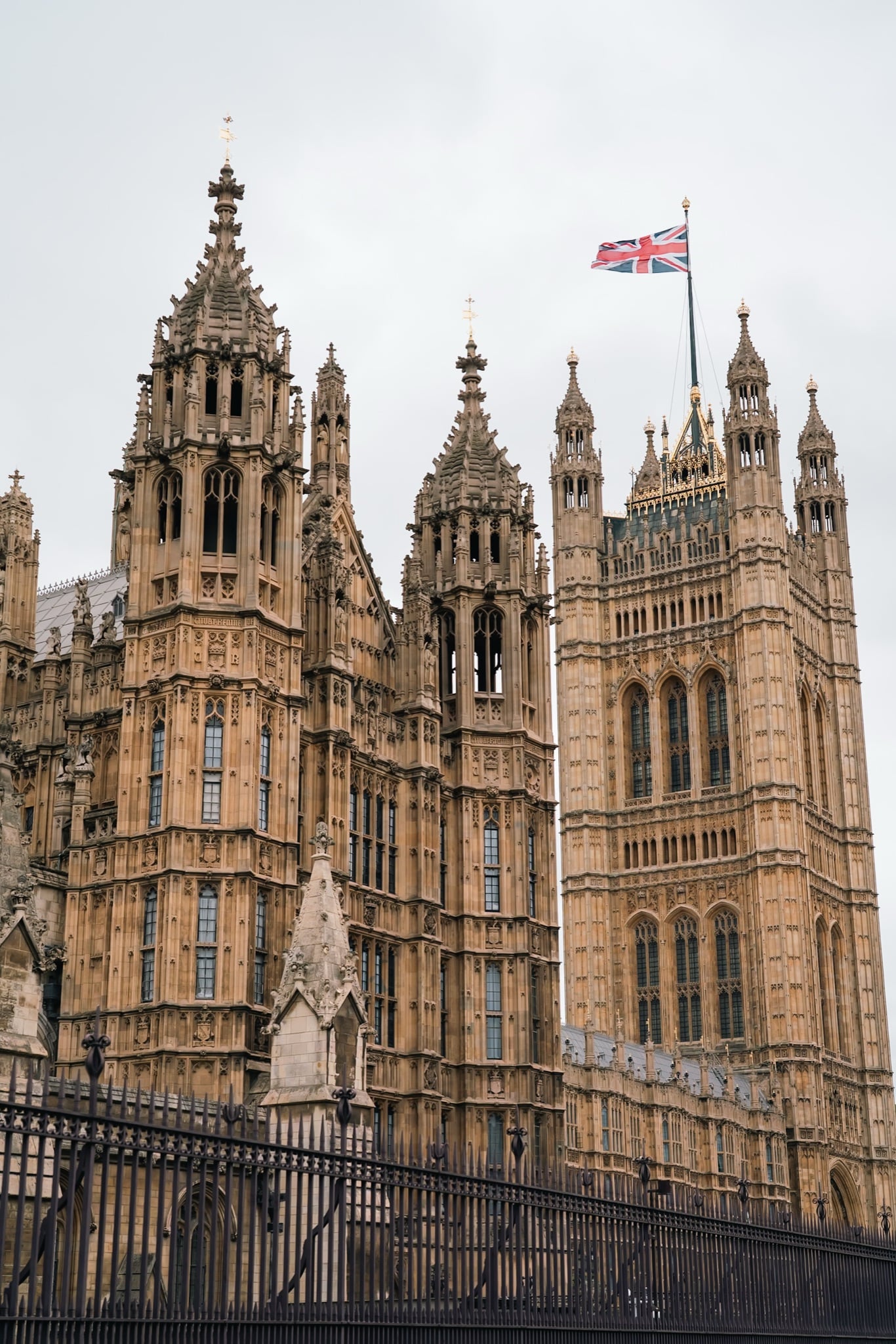 The Victoria Tower of the Houses of Parliament flying the Union Jack