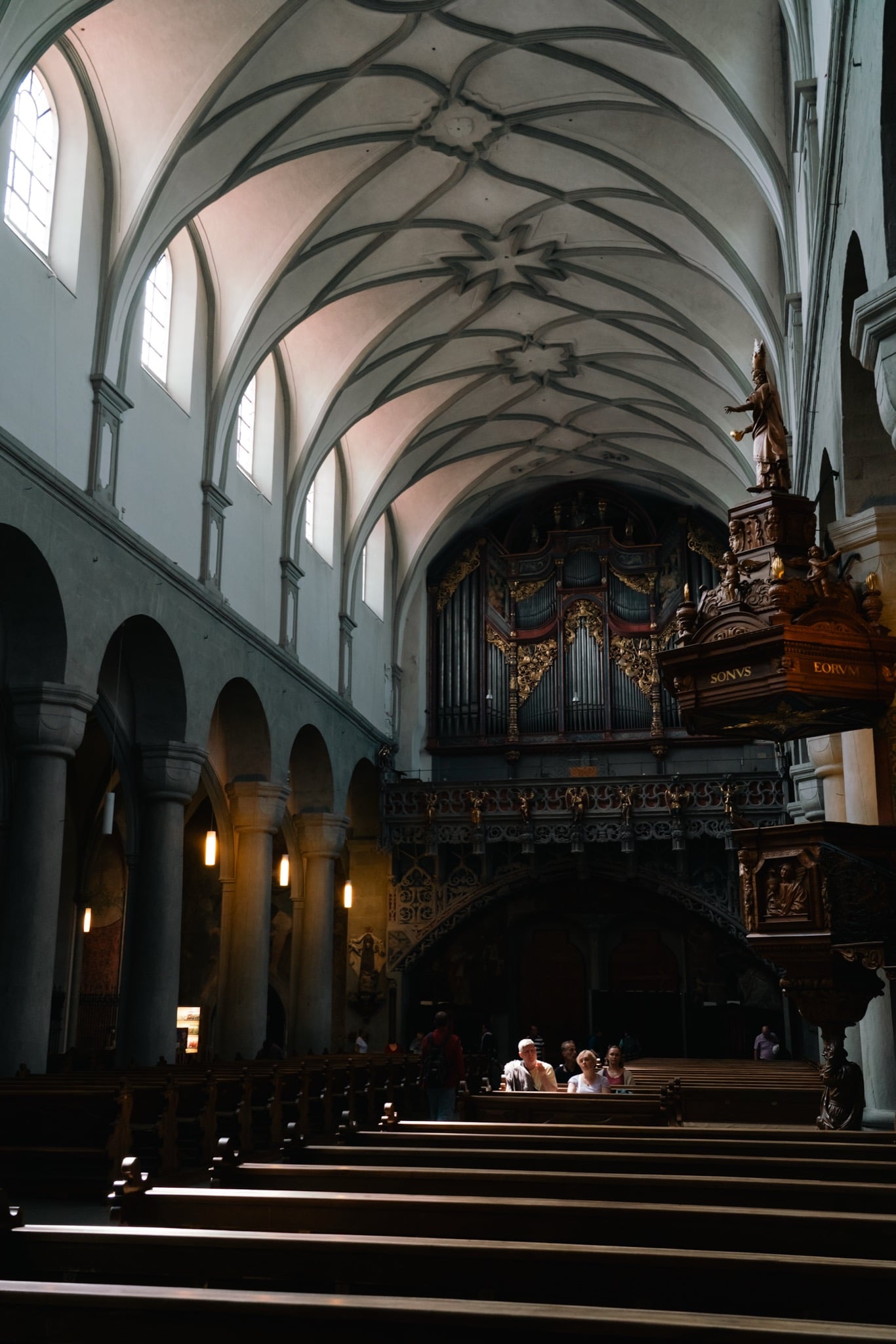 The vaulted nave of the Konstanz Minster with its Baroque organ and carved pulpit