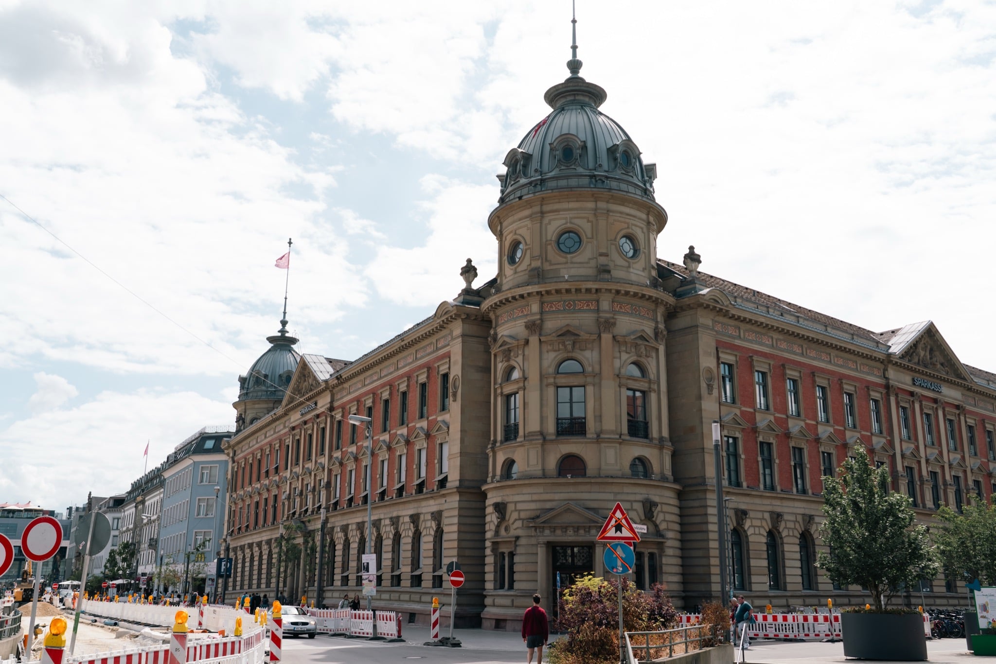 The grand domed corner of the Sparkasse building over a Konstanz street