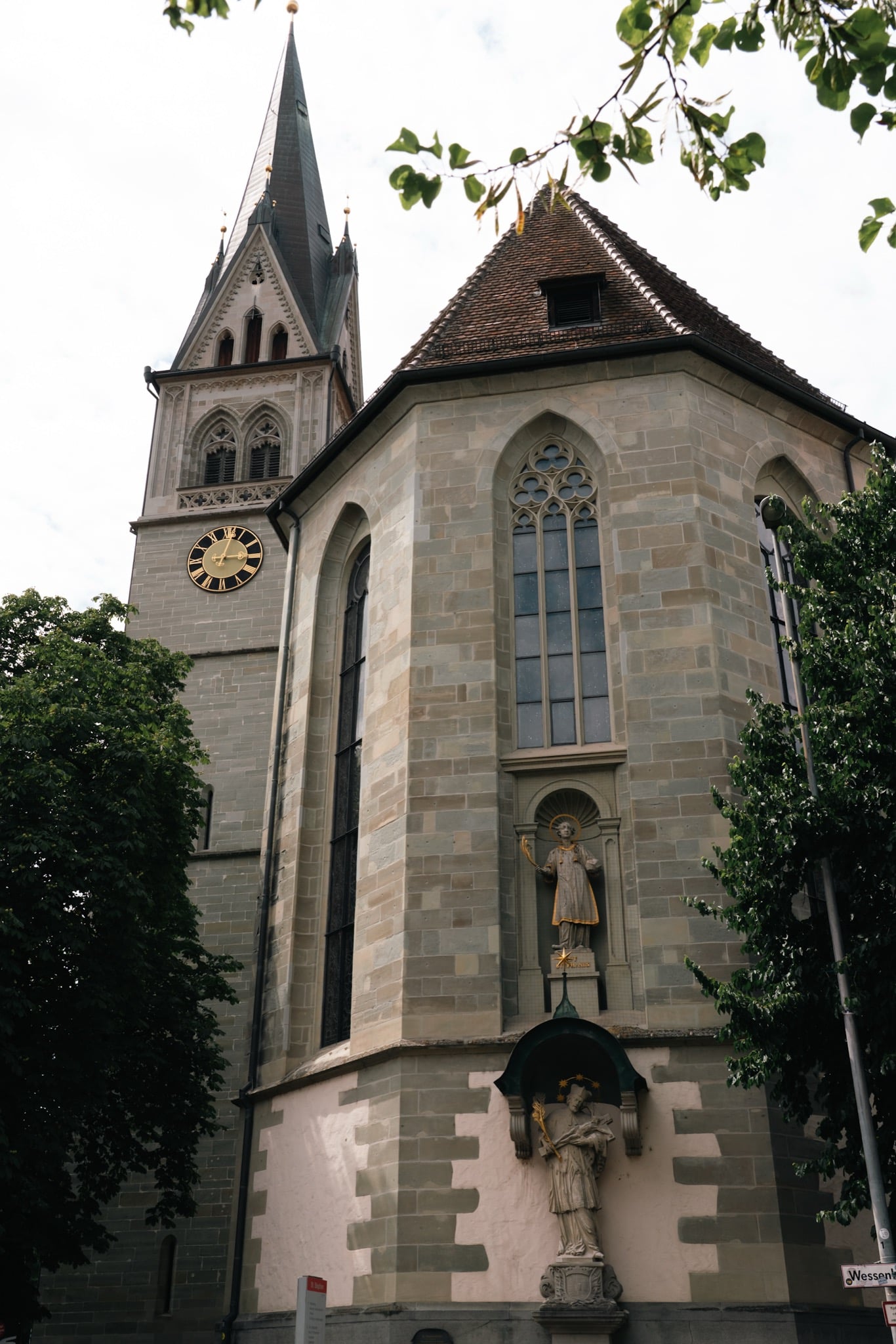 The clock tower and saint niches of St. Stephen's Church, Konstanz