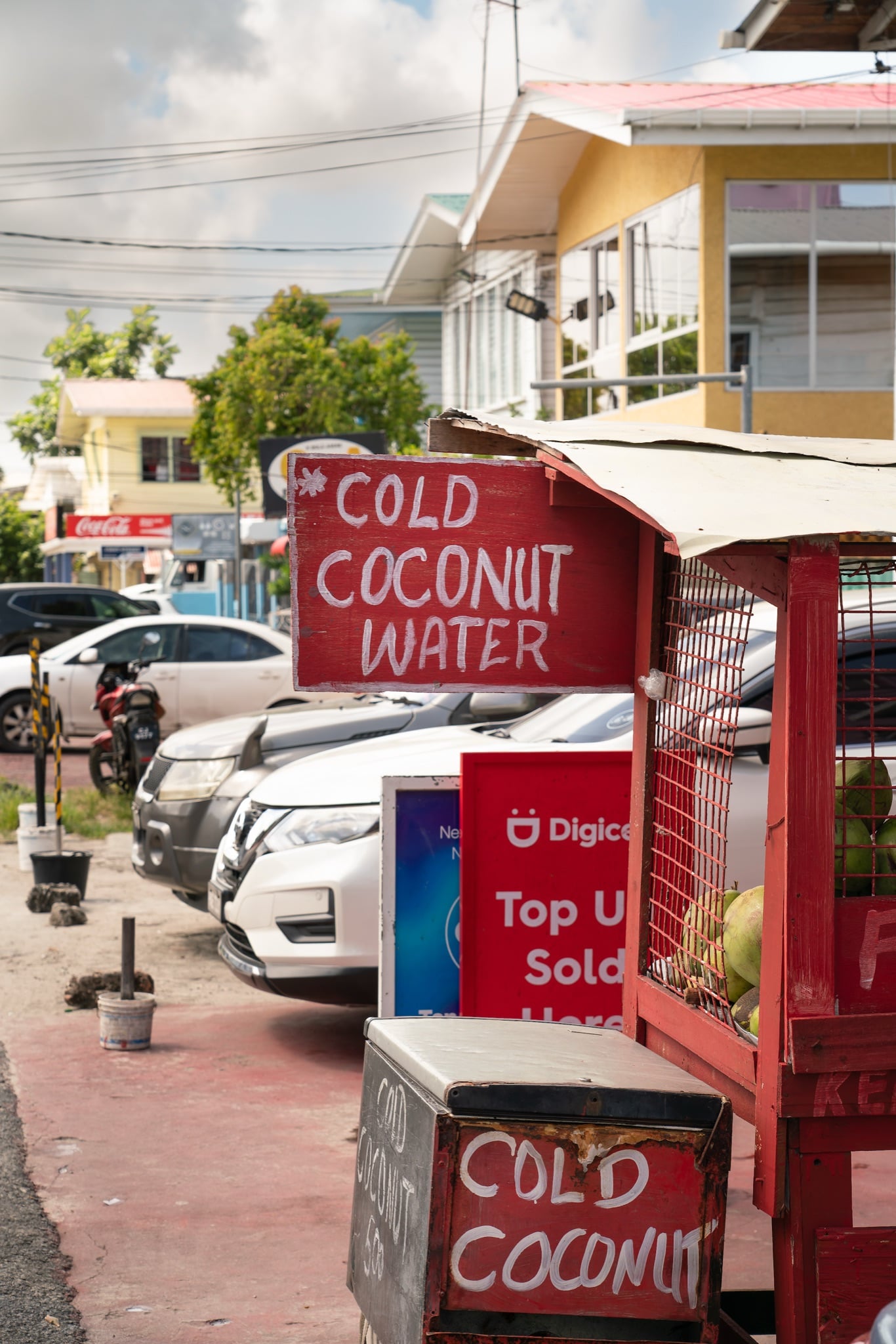 A roadside stand hand-painted "Cold Coconut Water"