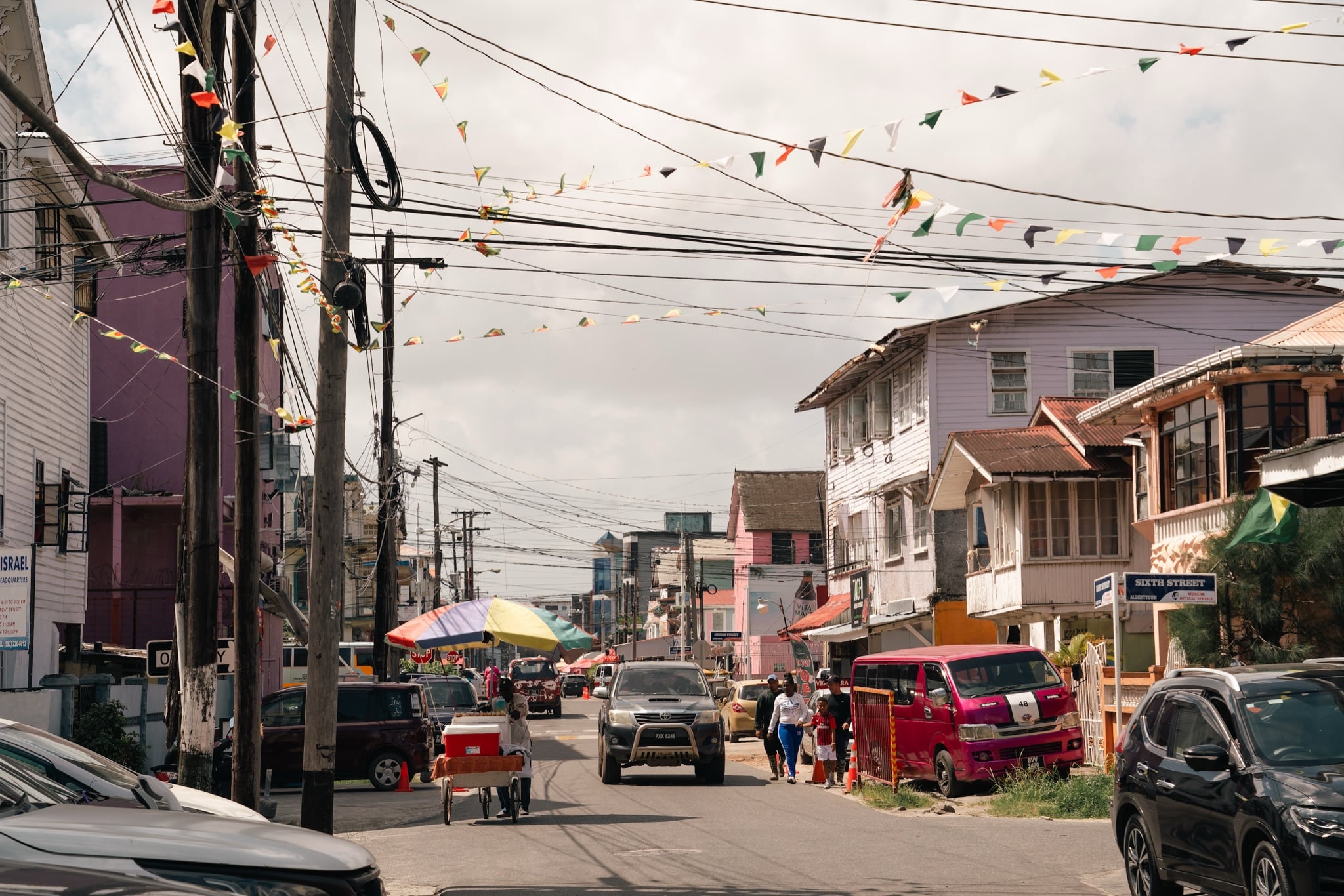 Colorful bunting strung above a Georgetown street