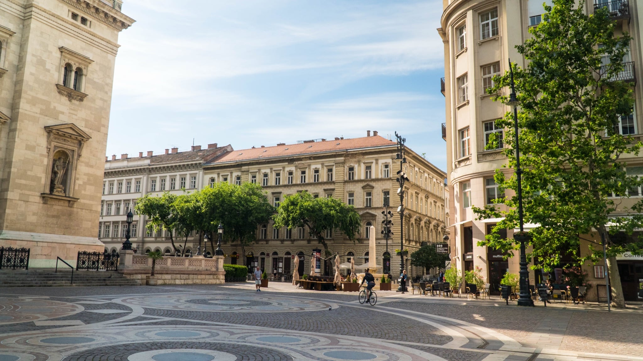 The patterned stone plaza of St. Stephen's Square in the early light