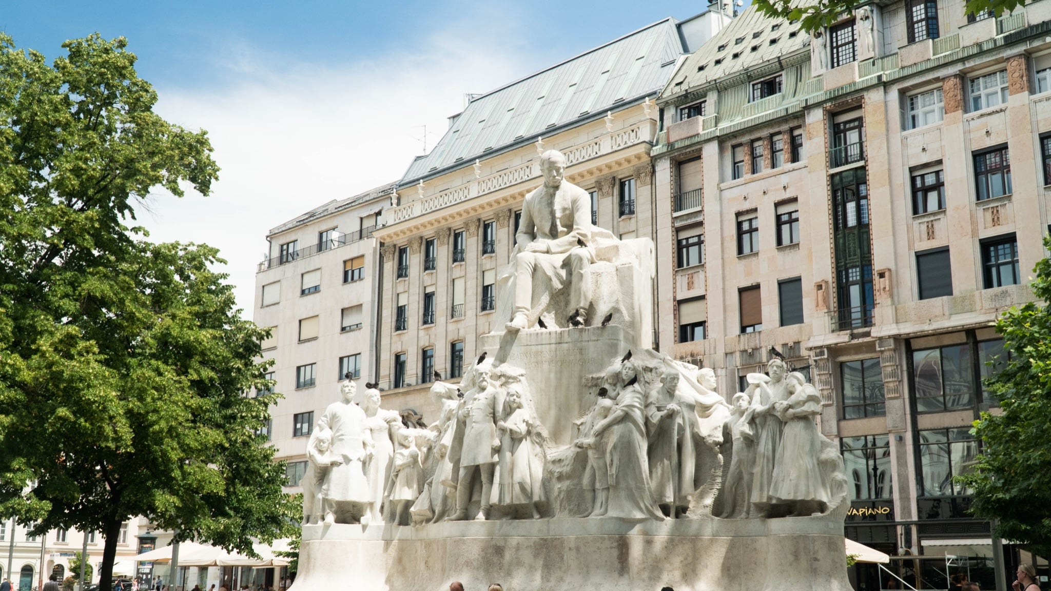 The white marble Vörösmarty Monument at the head of its downtown square