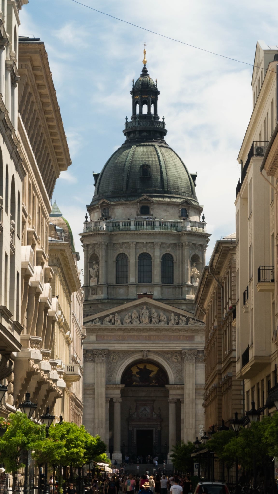 St. Stephen's Basilica framed at the end of a downtown street