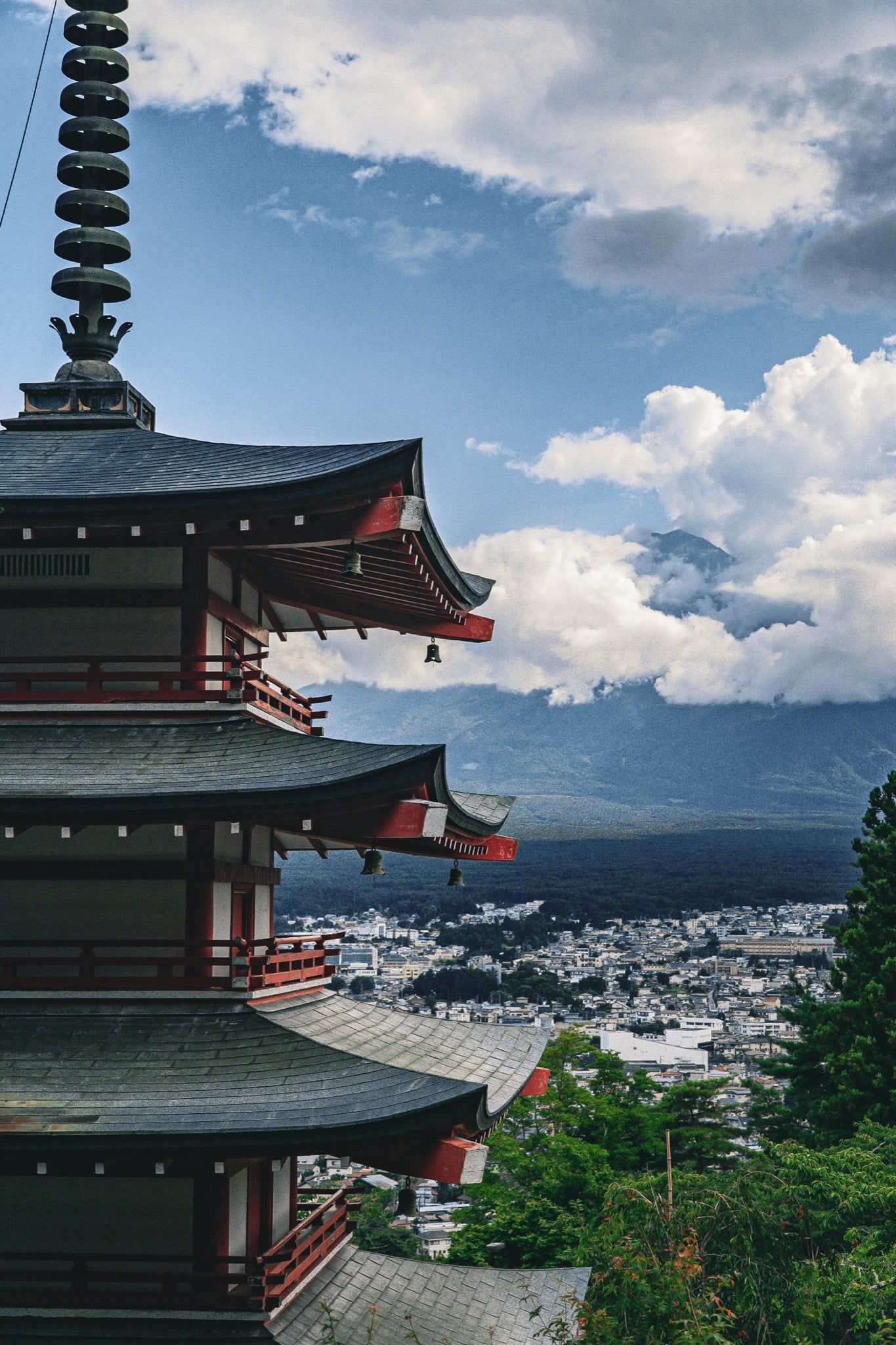 Mount Fuji framed beyond a five-storey pagoda