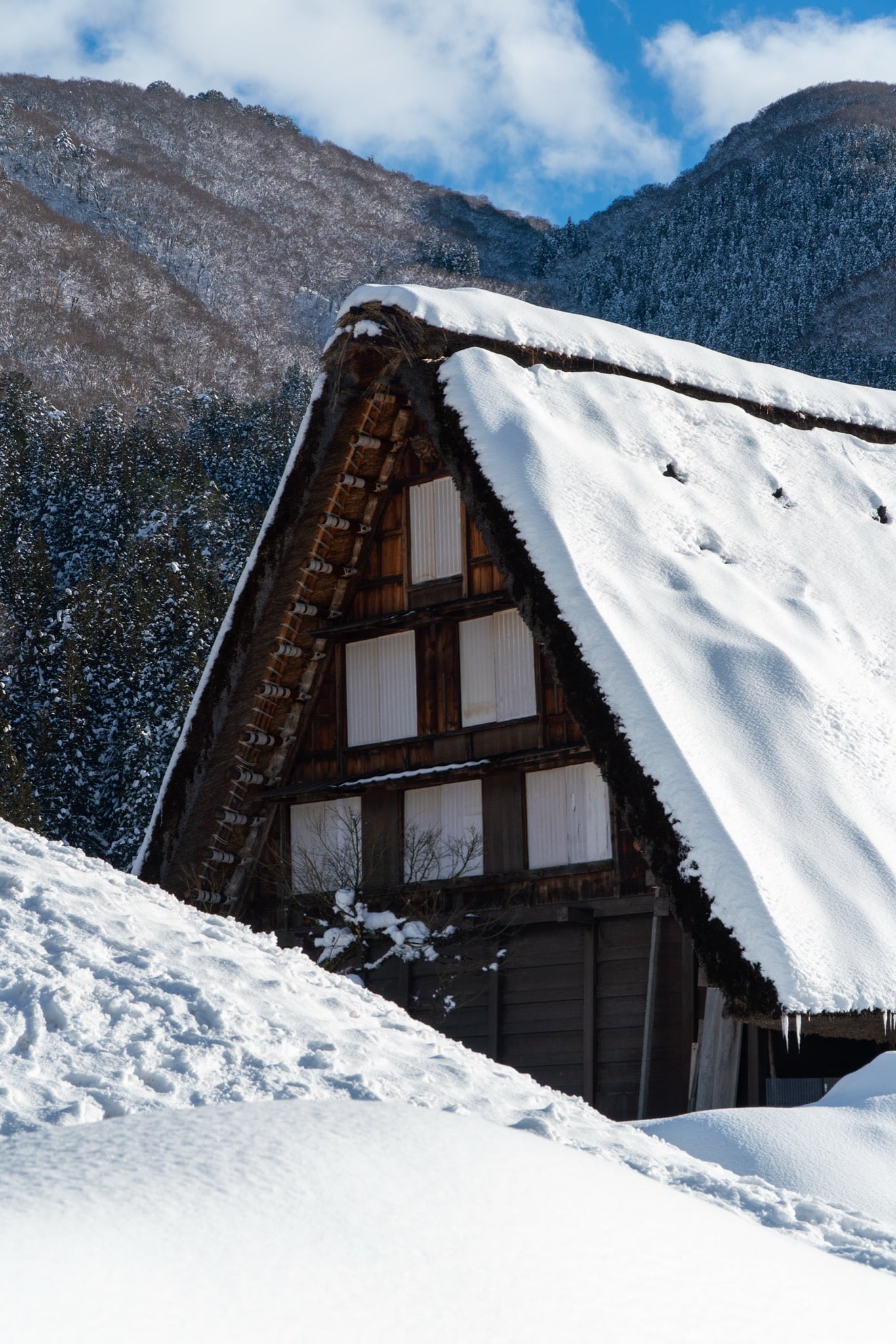 Gasshō-zukuri farmhouse buried in snow, Shirakawa-gō
