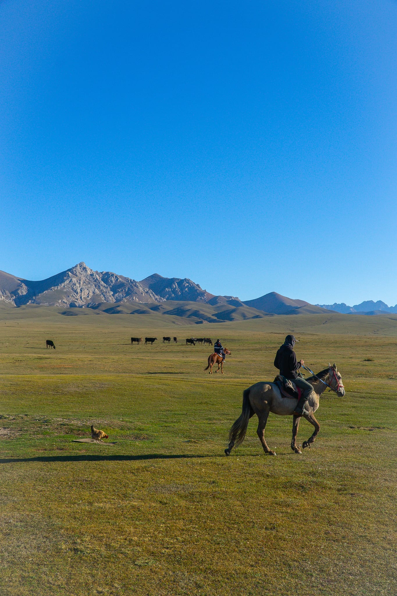 The still lake set into the high grassland at Song-Kul