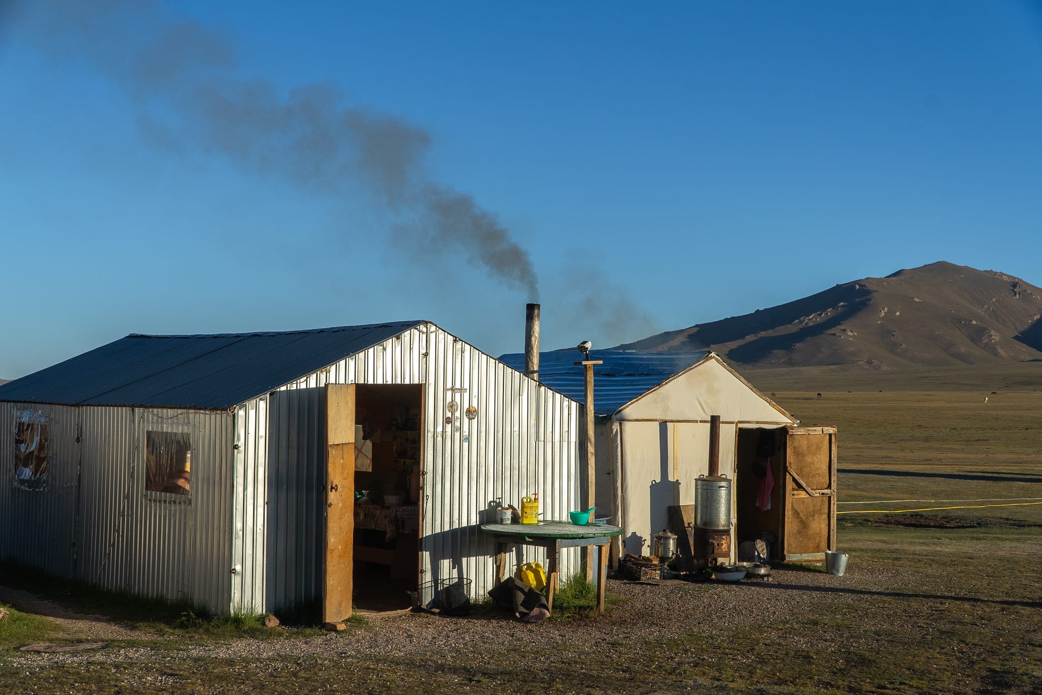 The camp kitchen inside a yurt at Song-Kul