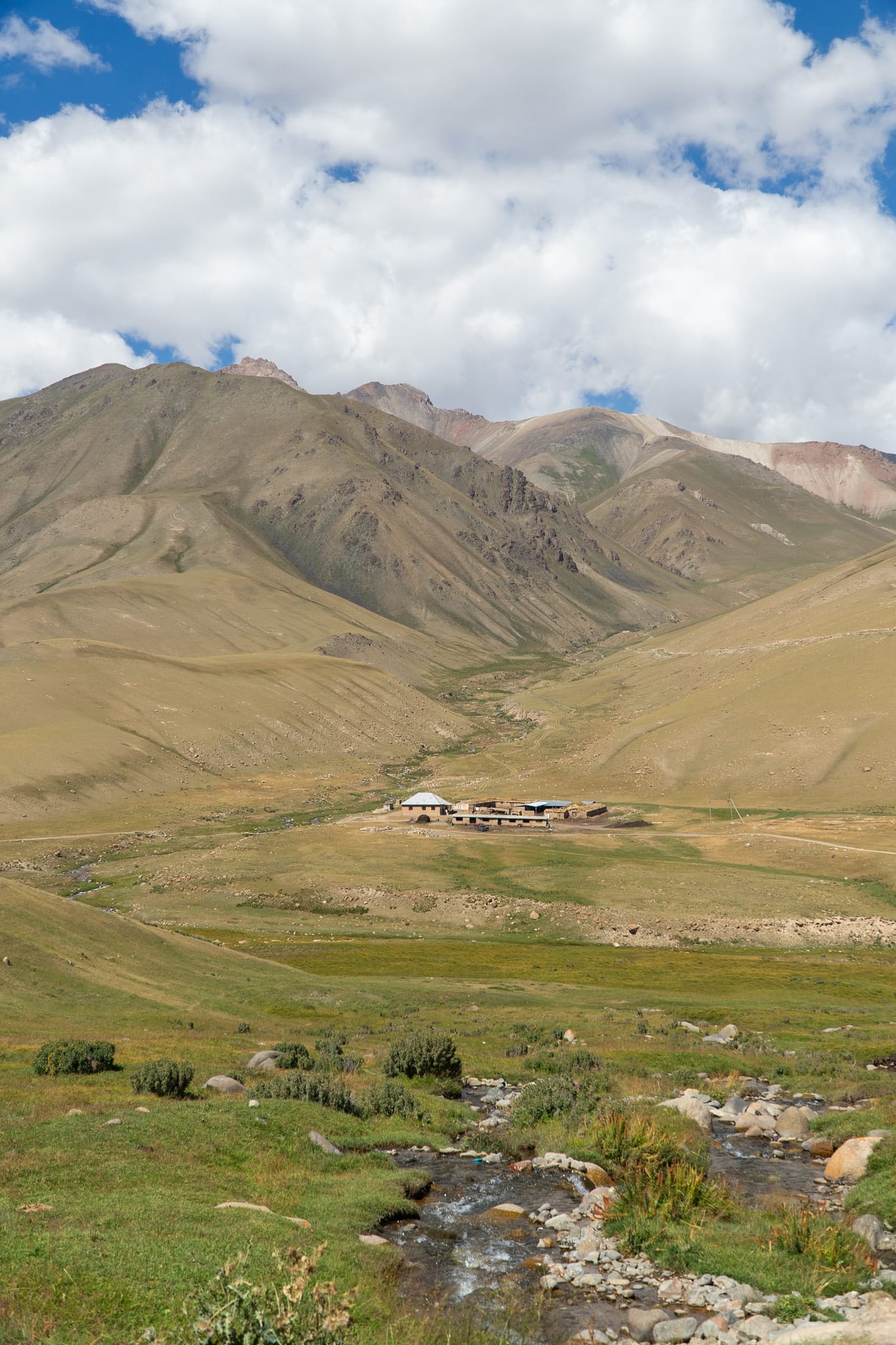 Rolling grassland framed by peaks at Song-Kul