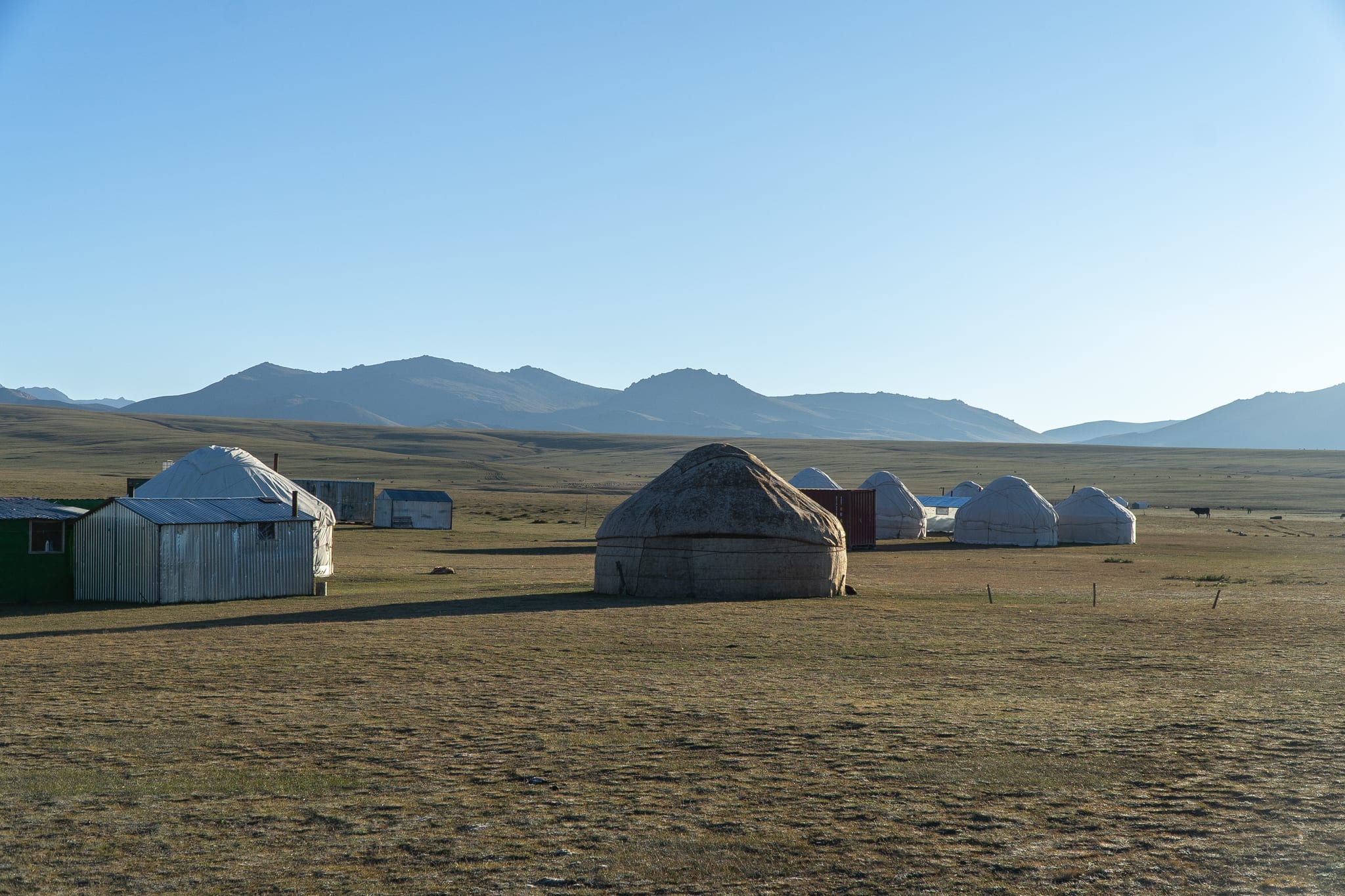 Herders' yurts spread across the pasture at Song-Kul