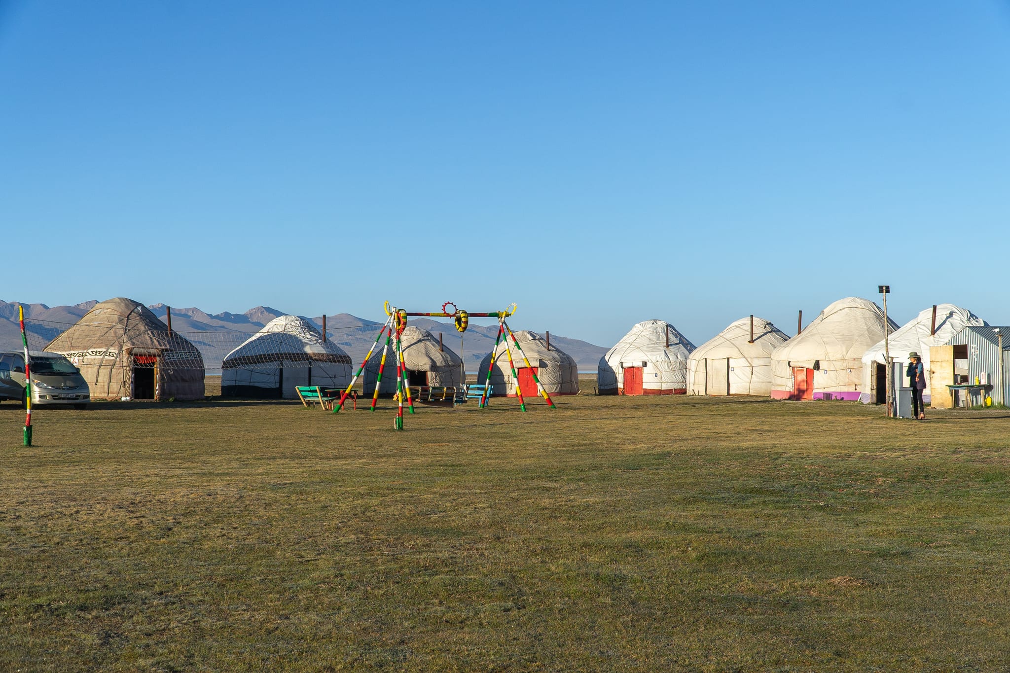 A cluster of yurts pitched on the summer jailoo at Song-Kul