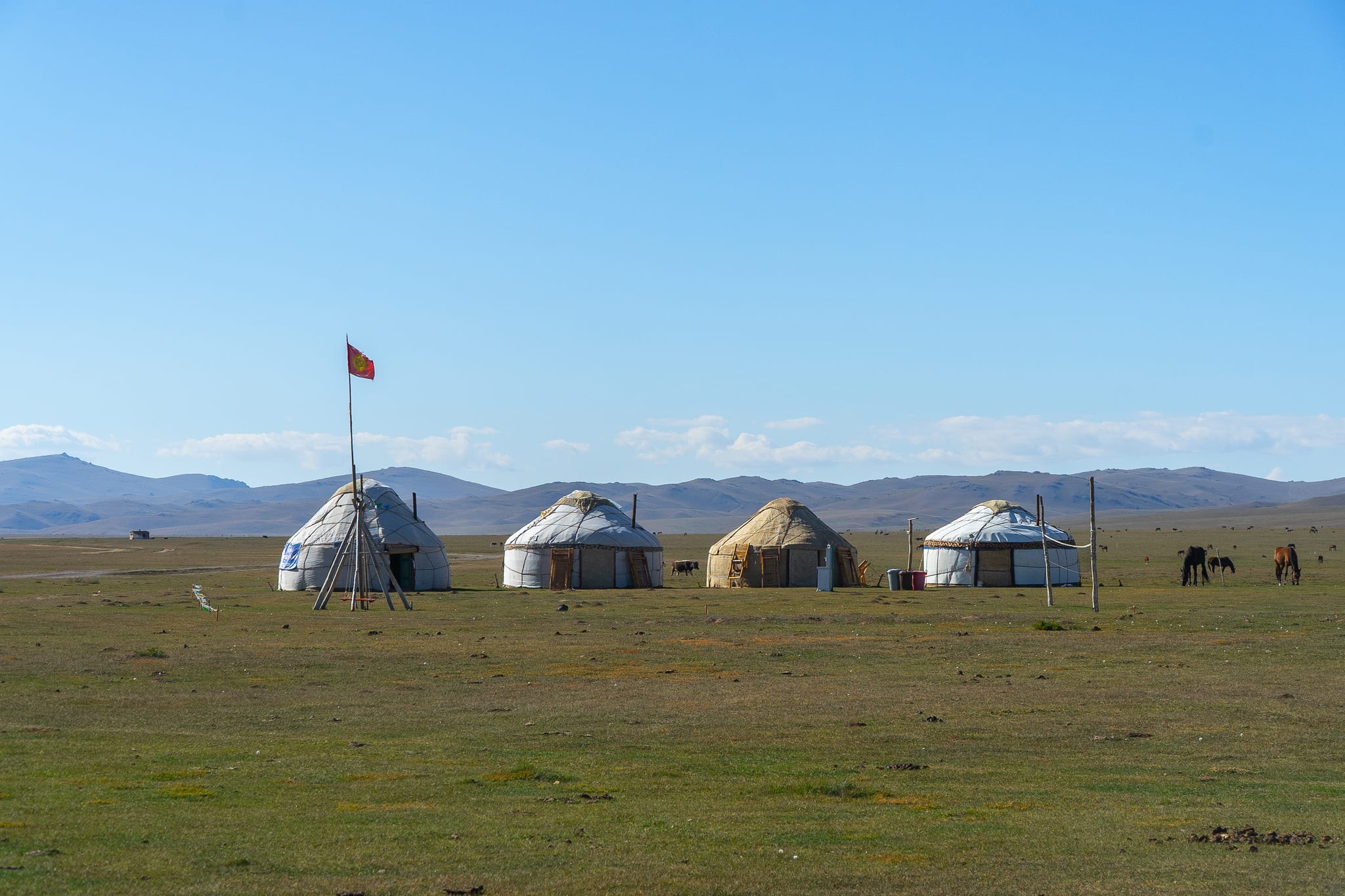 A yurt camp beneath the ridgeline at Song-Kul