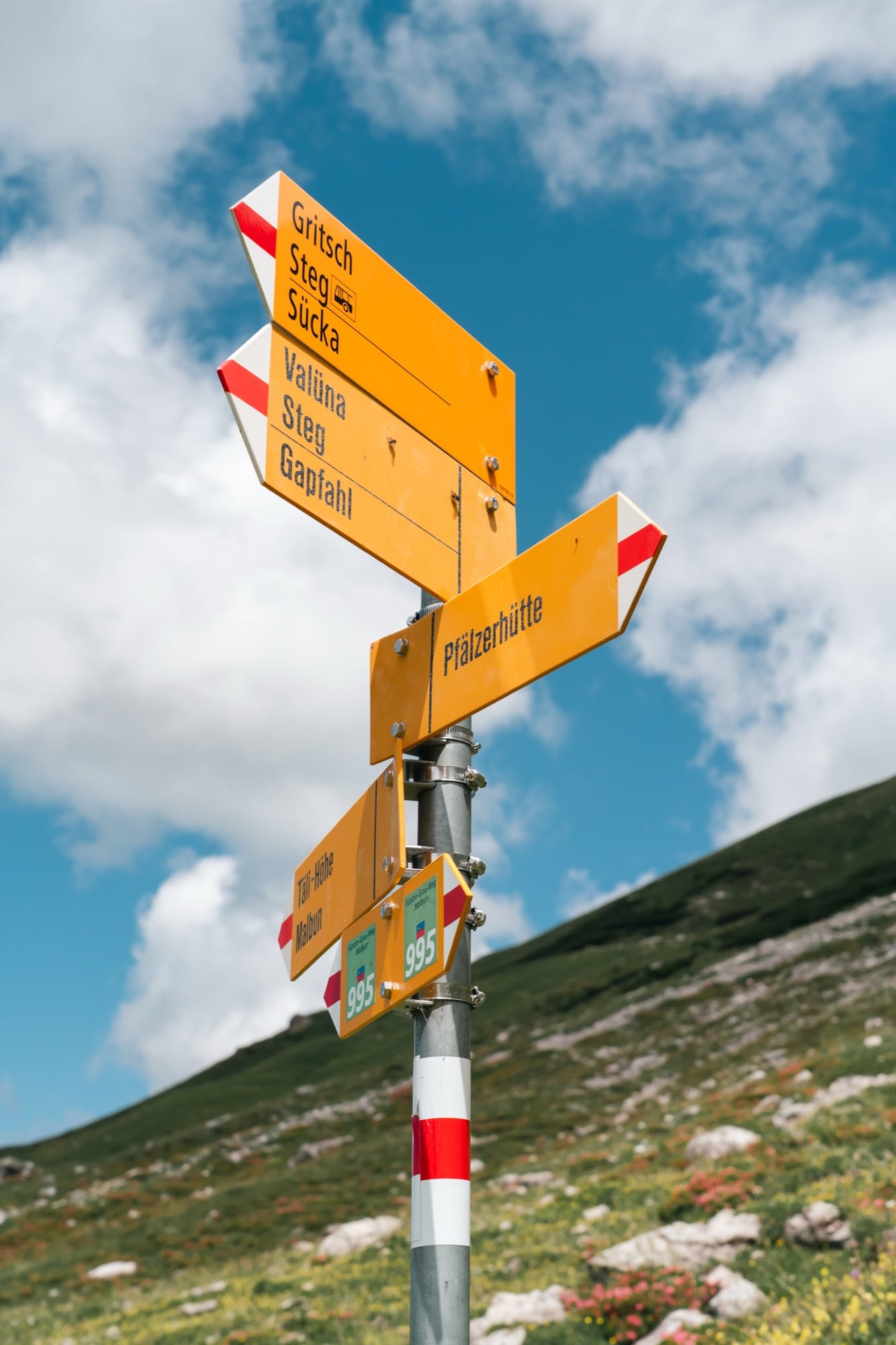 A yellow Liechtenstein hiking signpost pointing to the Pfälzerhütte, Steg and Gapfahl against a blue sky above an alpine meadow