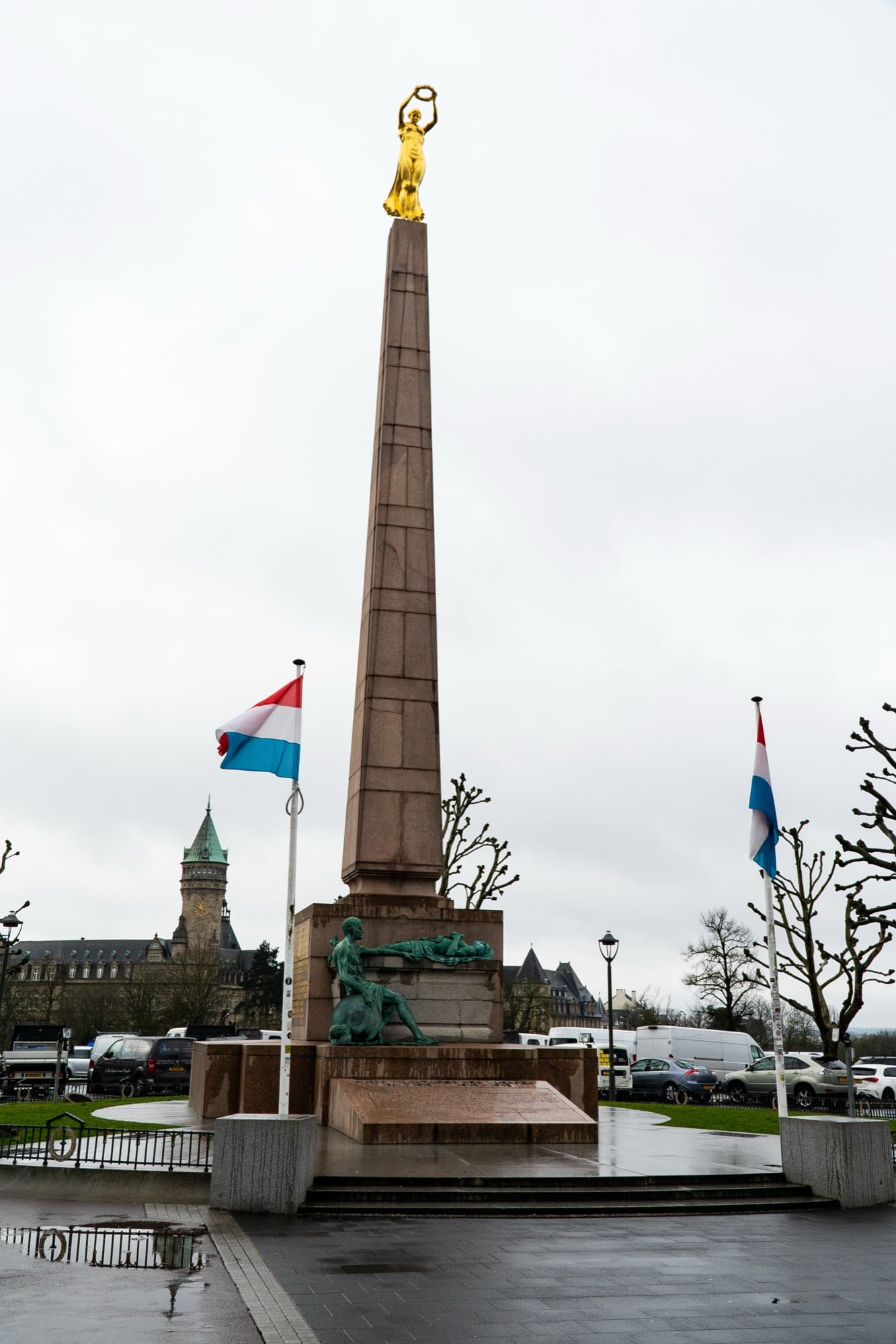 The Gëlle Fra golden lady war memorial obelisk above the Place de la Constitution, Luxembourg City