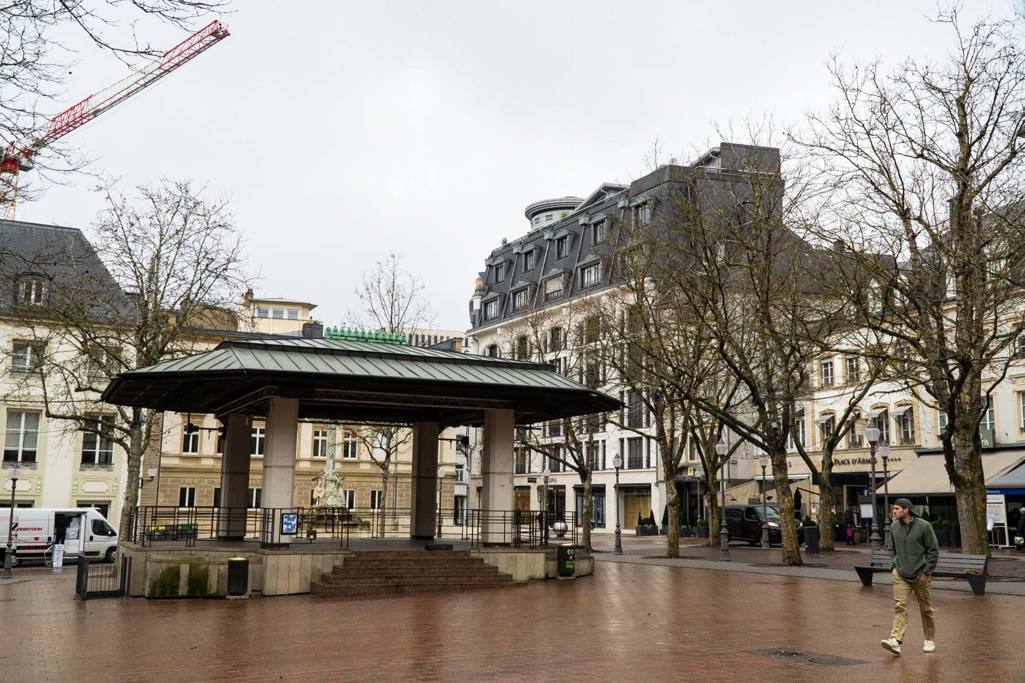 The green-roofed bandstand on the Place d'Armes among bare winter trees, Luxembourg City