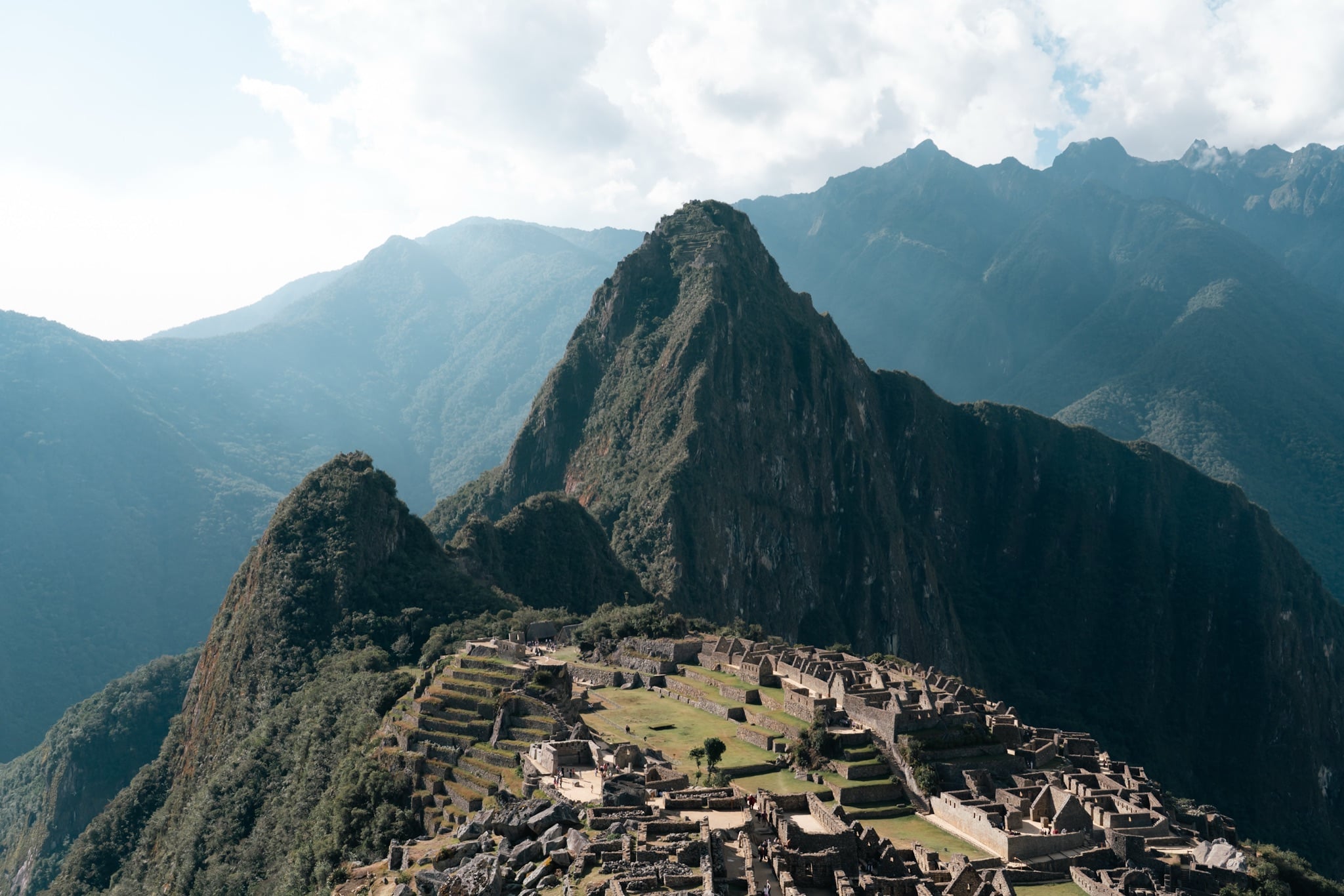 The ruins and peak catching soft morning light