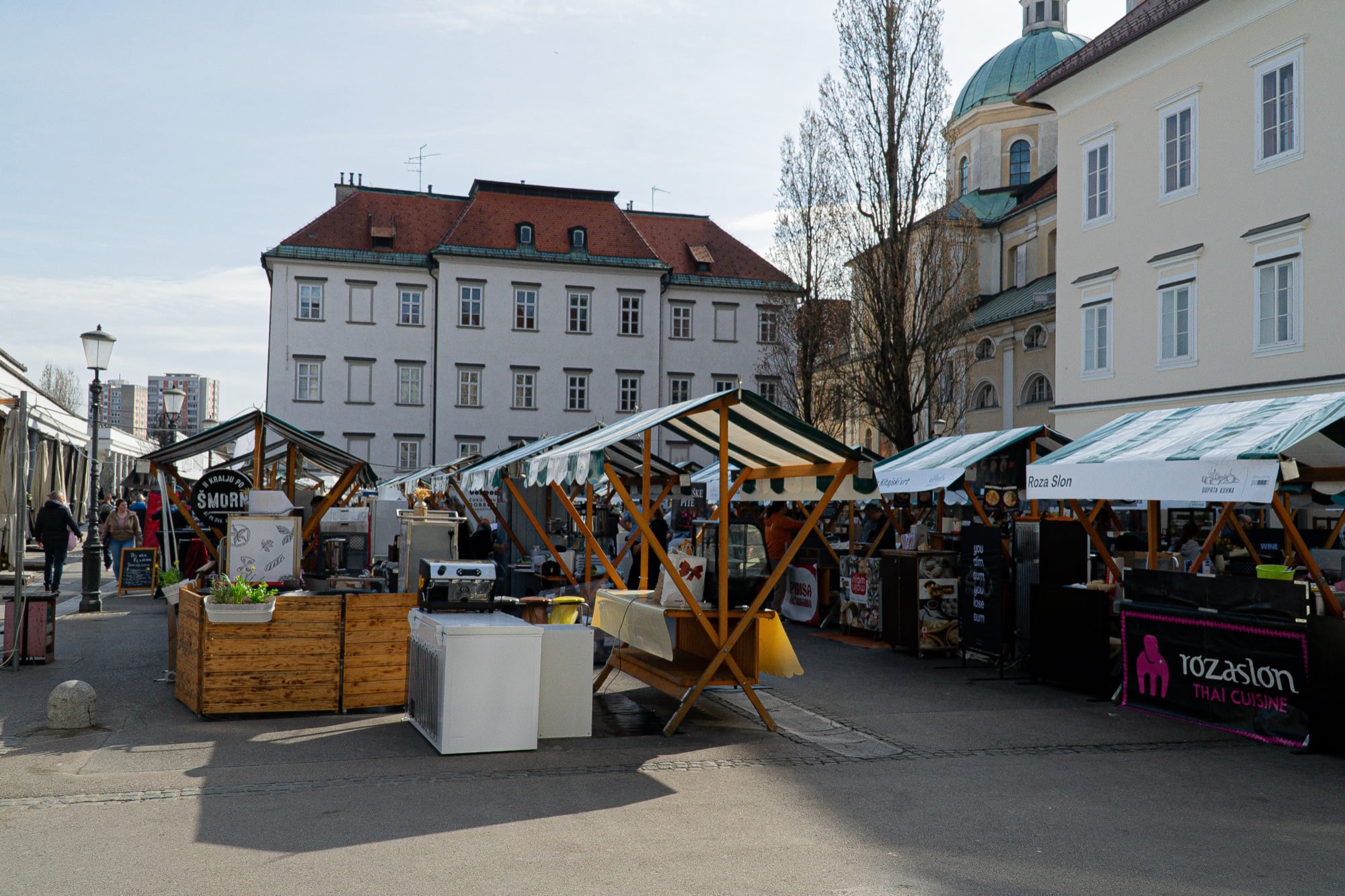 The open-air stalls of Ljubljana's Central Market beneath the colonnade