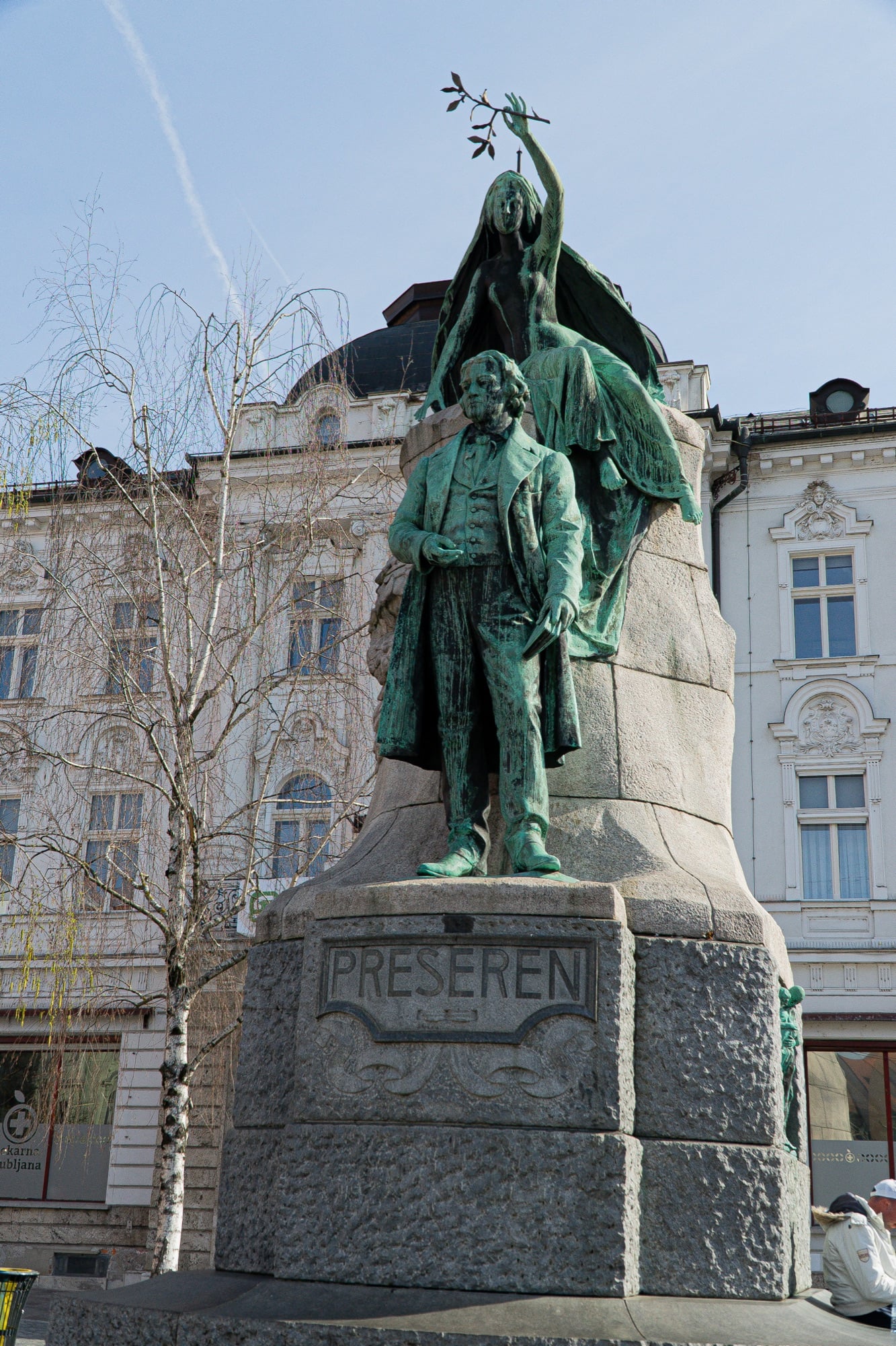 The bronze Preseren Monument on Preseren Square before the old-town facades, Ljubljana