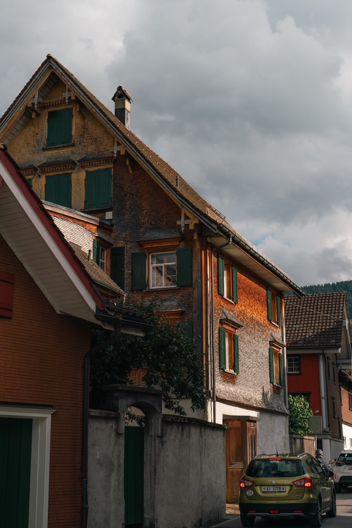 Traditional timber houses with green shutters lining a village street under a moody grey sky, a forested hill behind