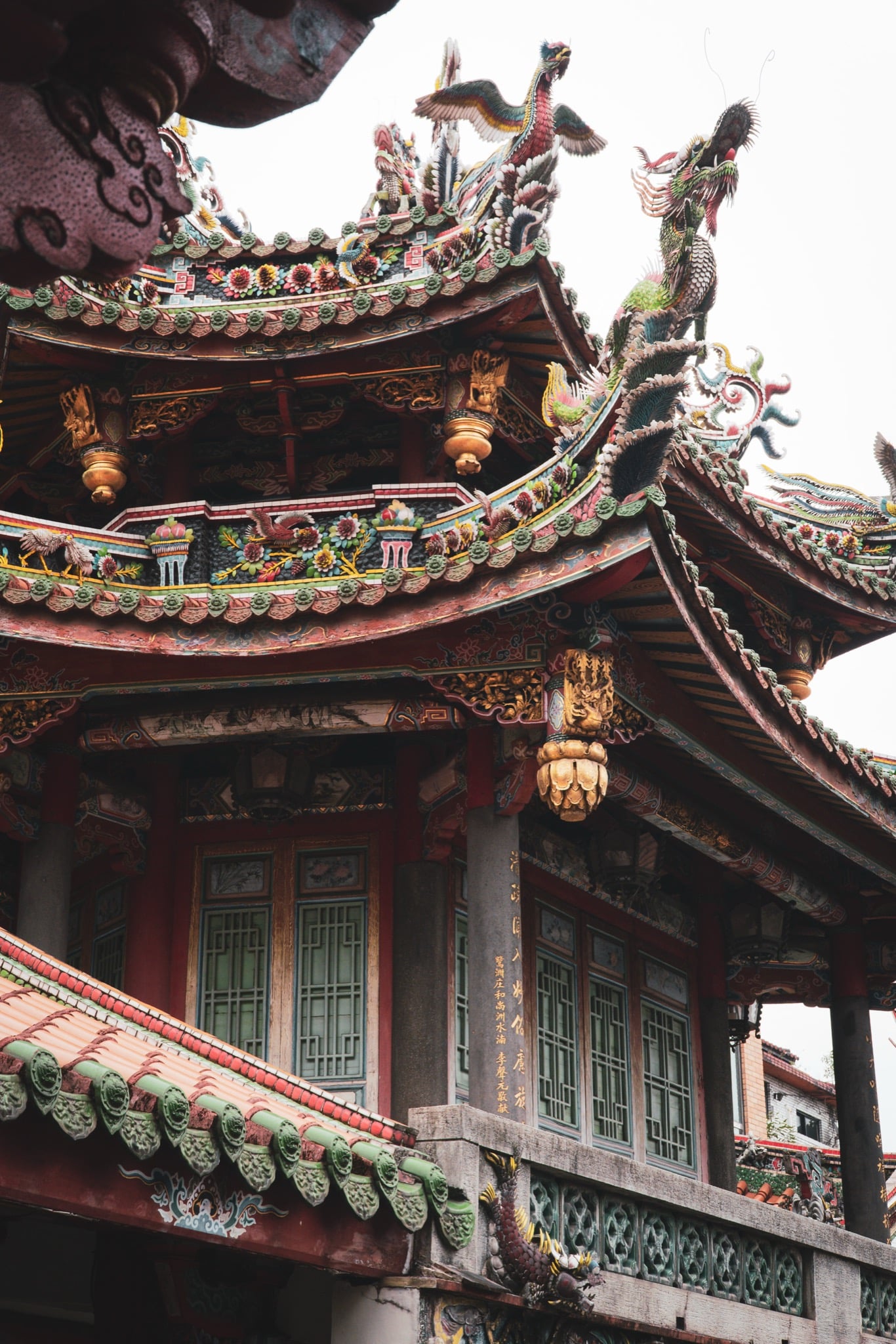 Hanging lanterns and curved eaves at Lungshan Temple, Taipei