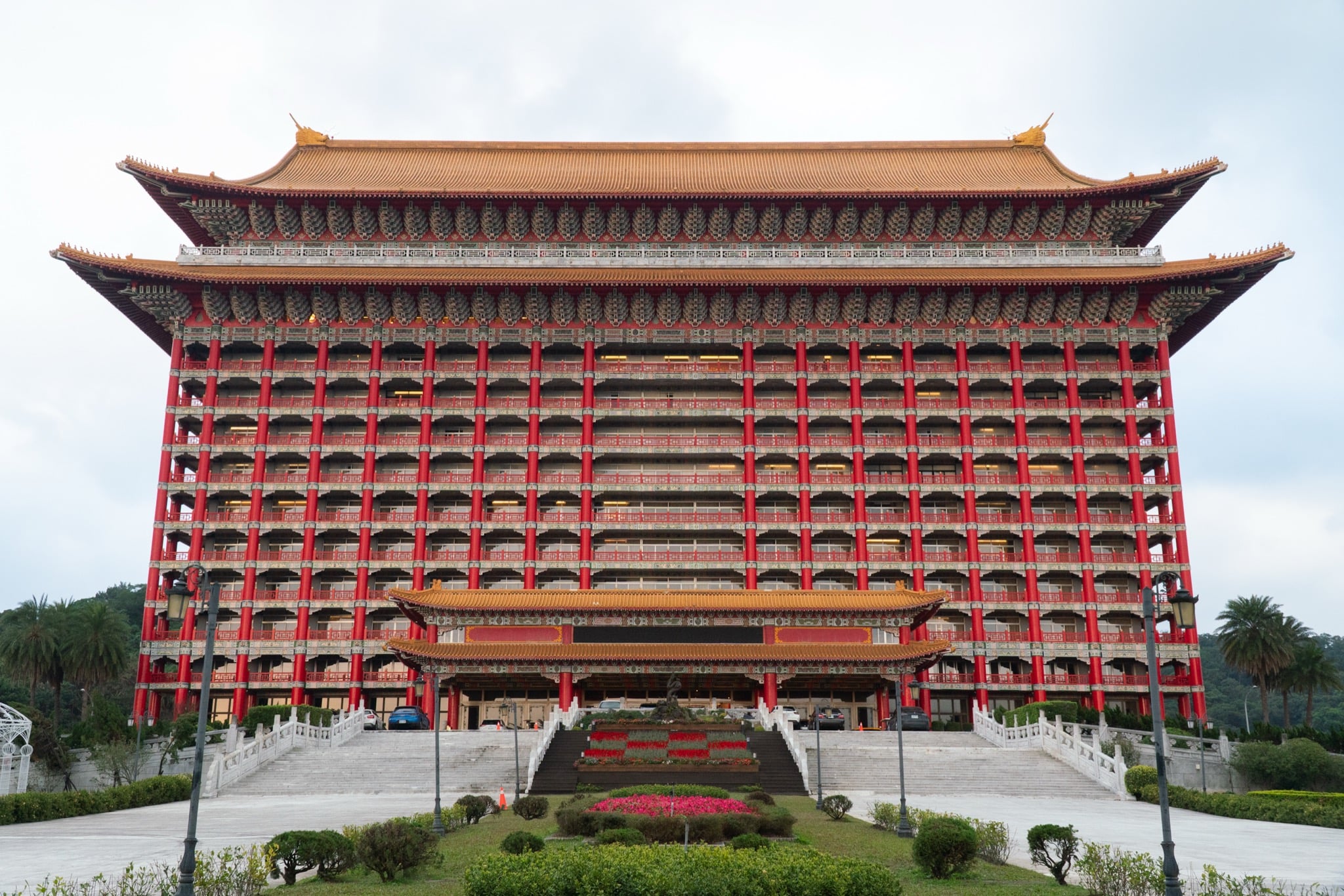 The red palatial facade of The Grand Hotel on the hillside, Taipei