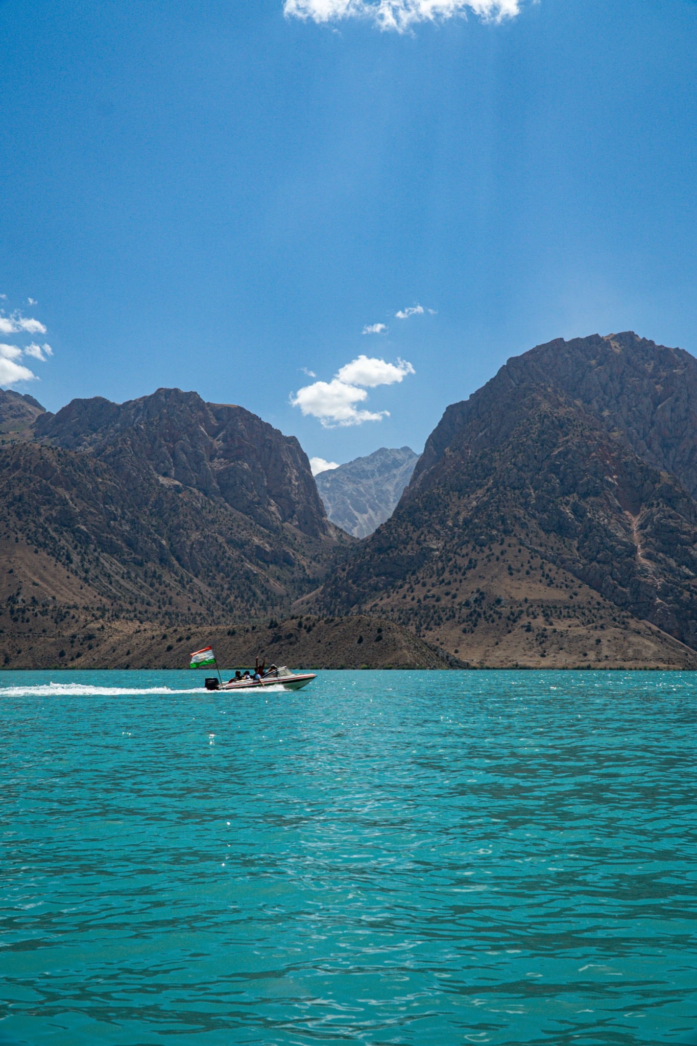The turquoise water of Iskanderkul beneath the peaks, Fann Mountains