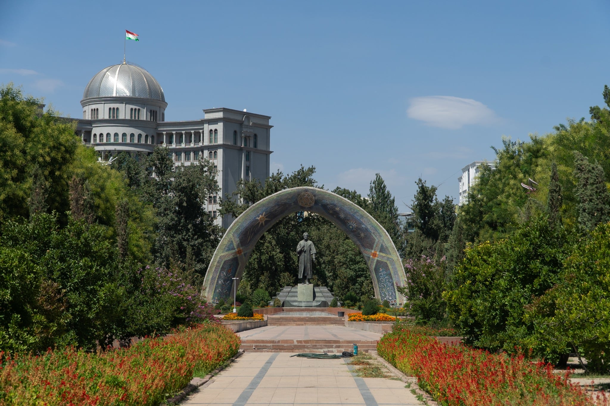 The manicured lawns and fountains of Rudaki Park, Dushanbe