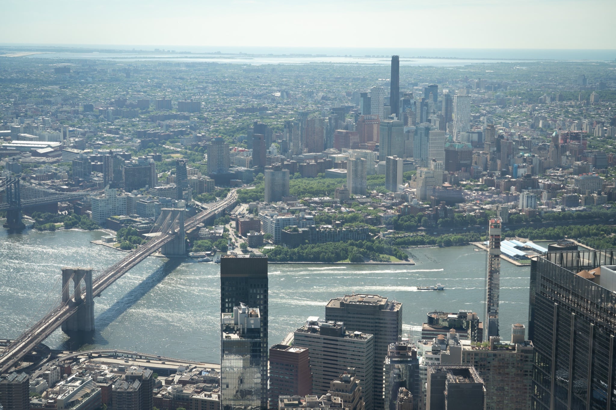 The cables and stone towers of the Brooklyn Bridge