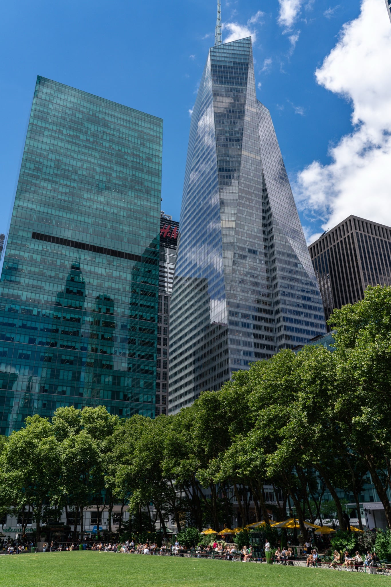 A quiet corner of Bryant Park beneath the skyline