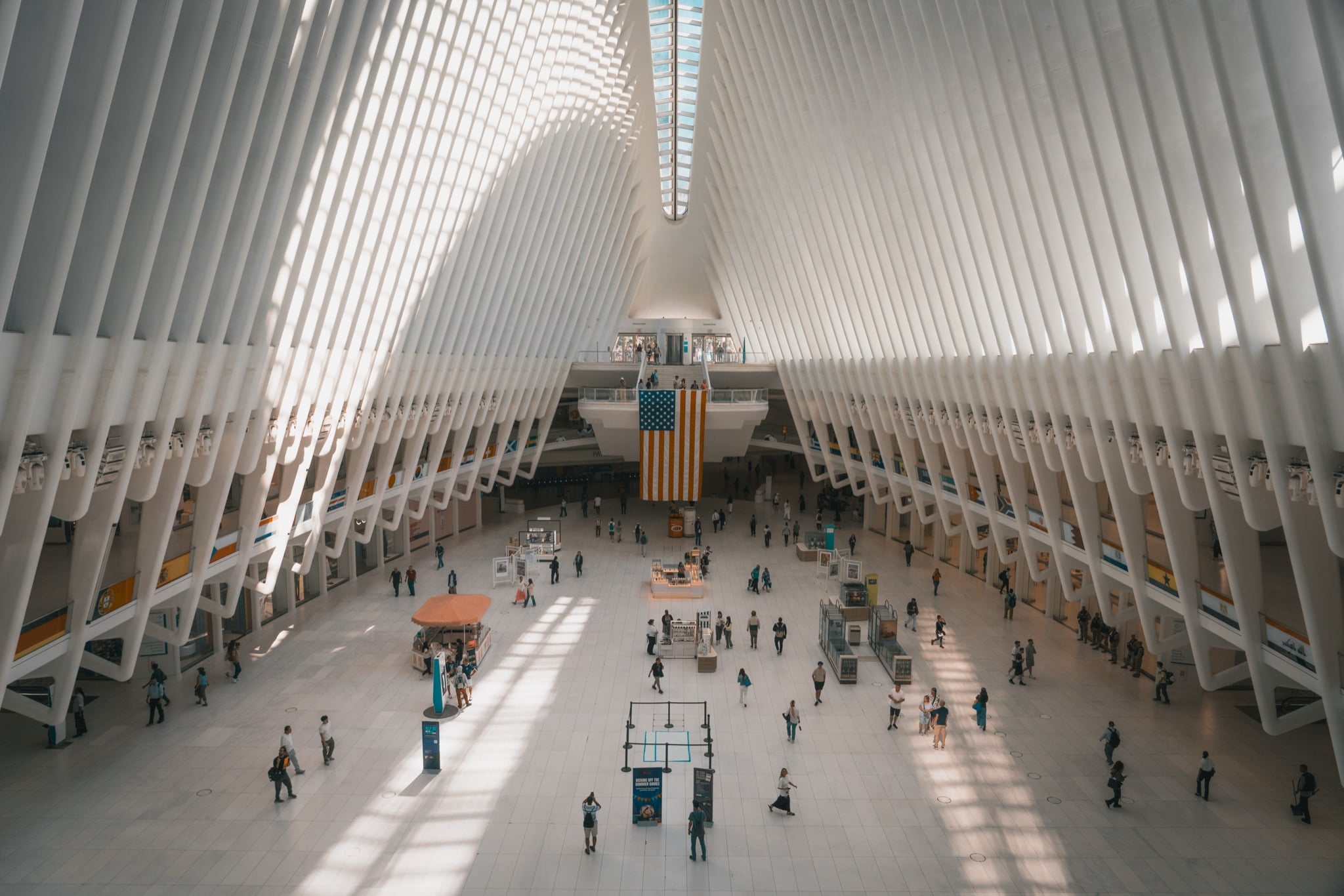 Inside the soaring hall of the Oculus transit hub