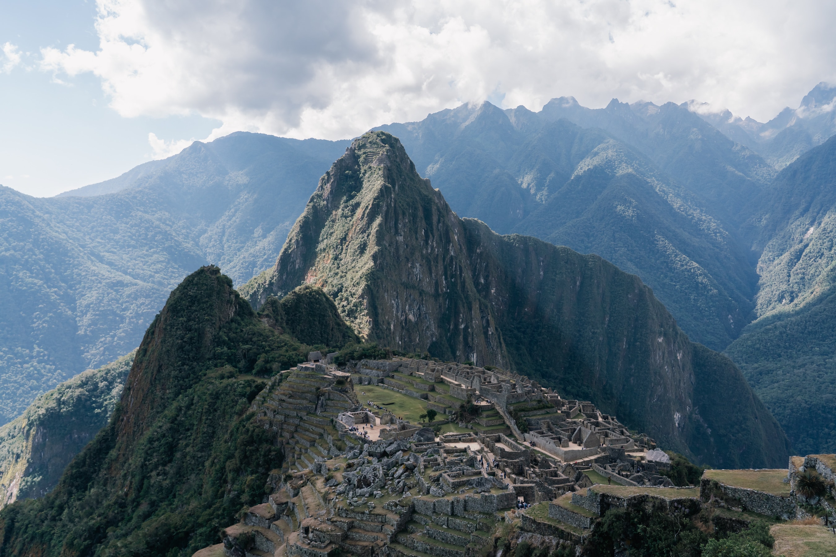 The Inca citadel of Machu Picchu on its ridge below Huayna Picchu